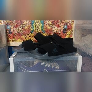 adidas Mens Black and Gray Adjustable Hook-and-Loop Slide Sandals